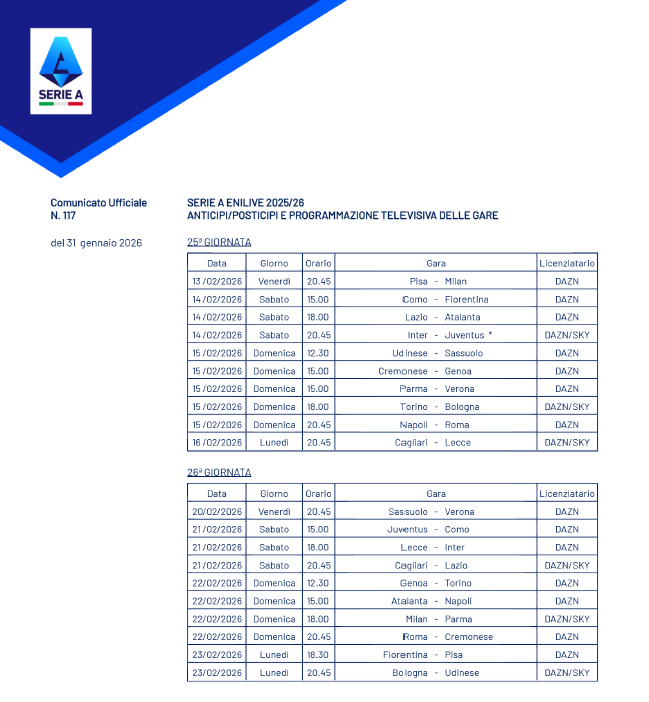 Serie A Calendario 25° 26°